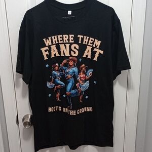 Black Graphic T-Shirt with Western Design, Size XL, New.